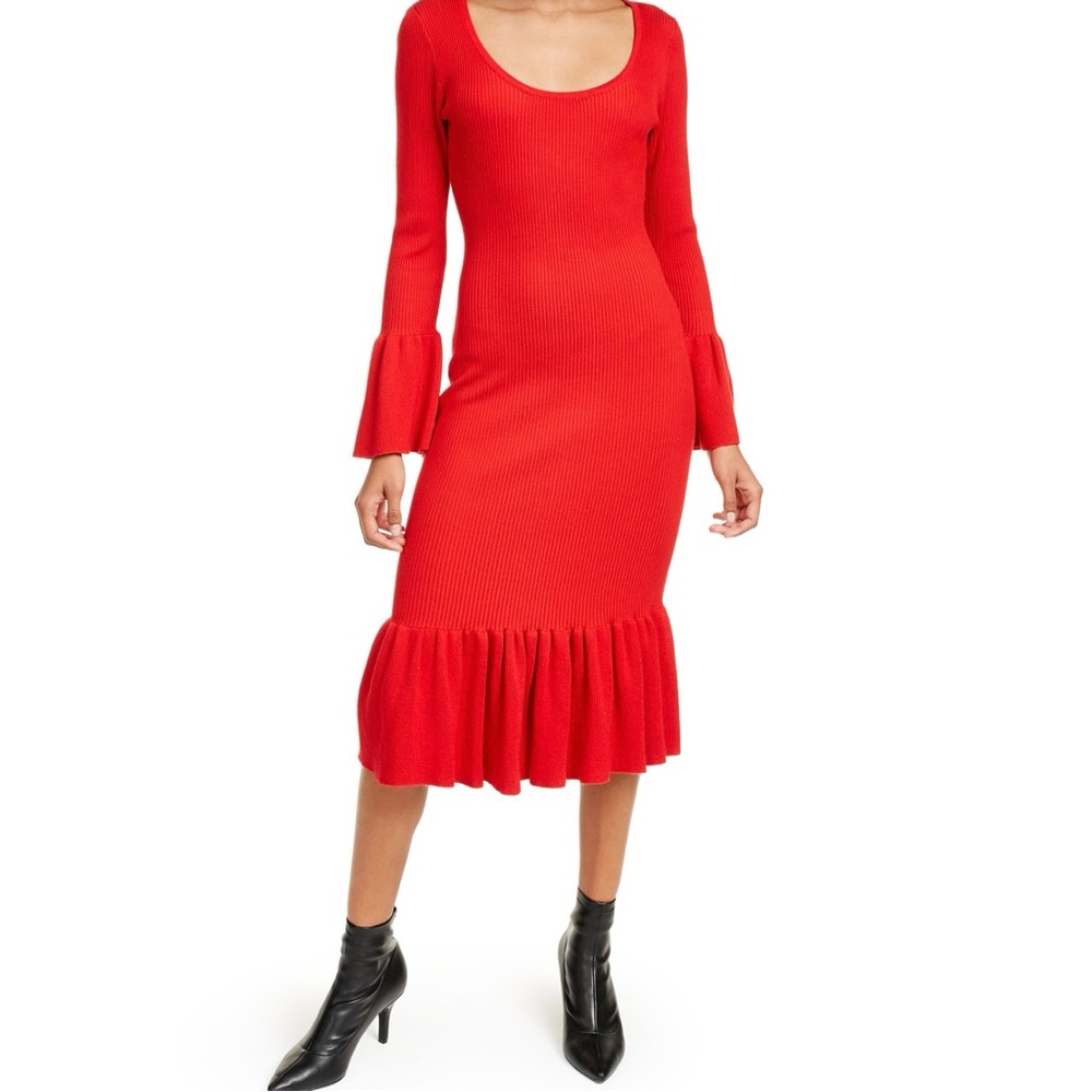 Almost Famous Red Sheath Dress with Long Bell Ruffle Sleeves